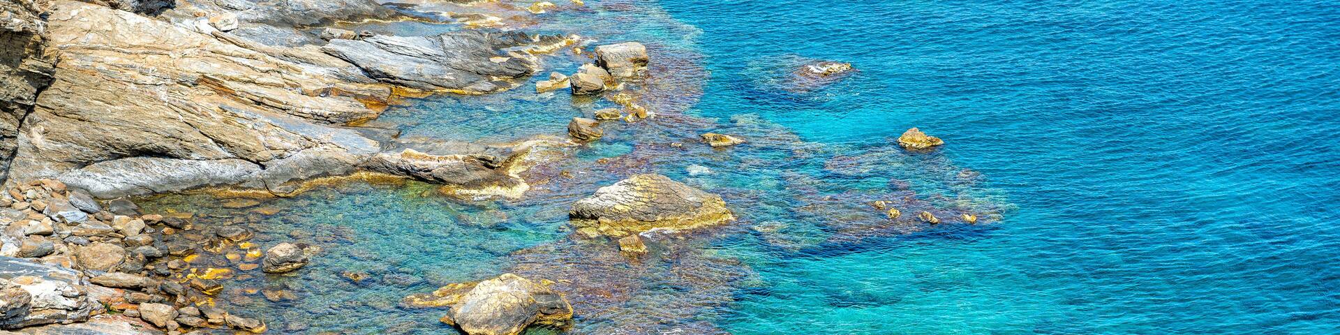 Therma, Ikaria island of Greece longevity blue zone water by thermal hot springs at Prioni beach at Greek Icarian sea