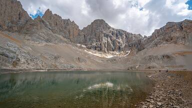 A mountain lake with rocky terrain and snow patches.