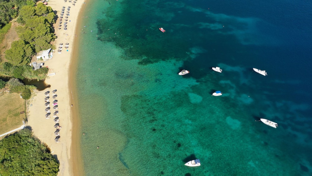Aerial drone photo of amazing sandy beach of Troulos in island of Skiathos, Sporades, Greece