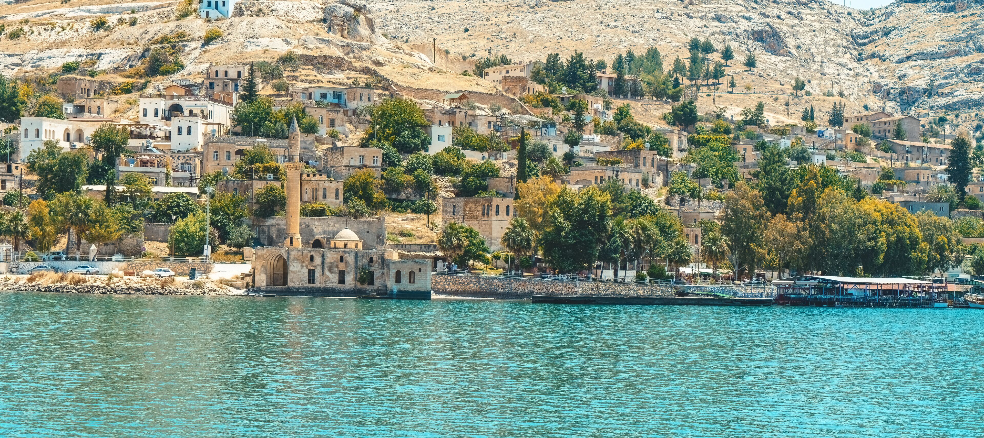 Sanliurfa Halfeti. A photograph taken from a distance of the Sunken Great Mosque located on the water in Halfeti.