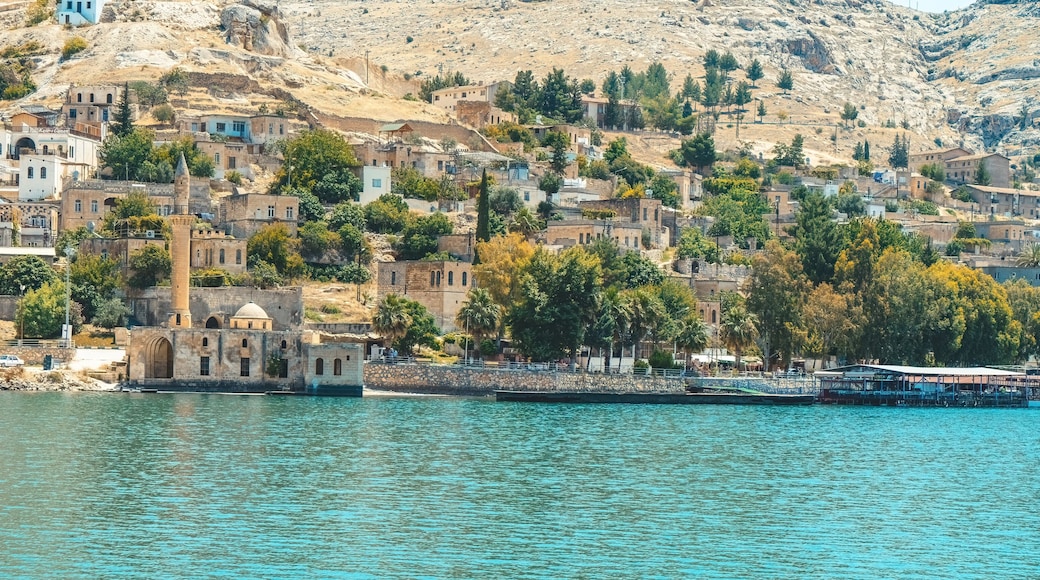 Sanliurfa Halfeti. A photograph taken from a distance of the Sunken Great Mosque located on the water in Halfeti.
