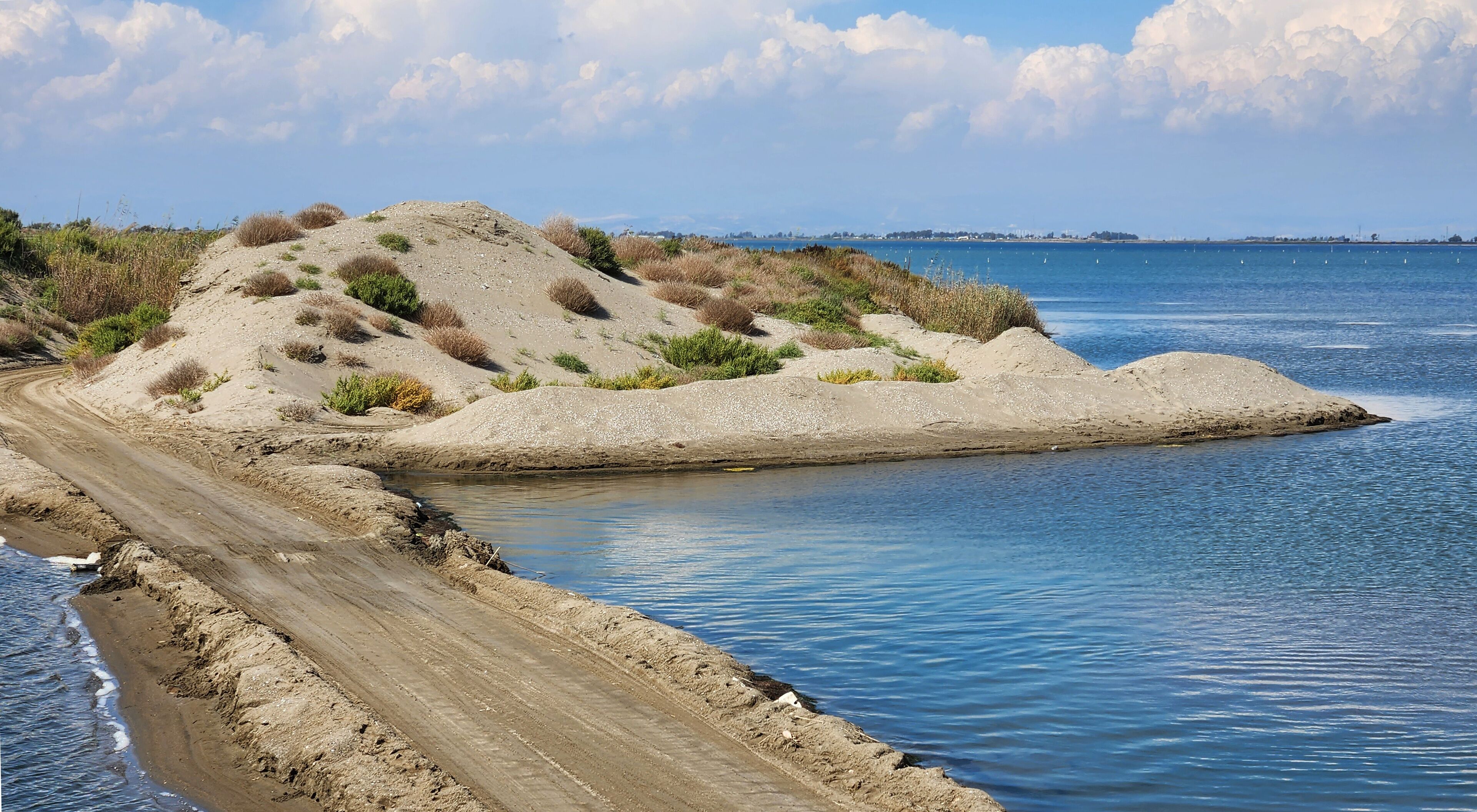 A coastal landscape with a dirt path leading to a sandy beach, surrounded by dunes and sparse vegetation.