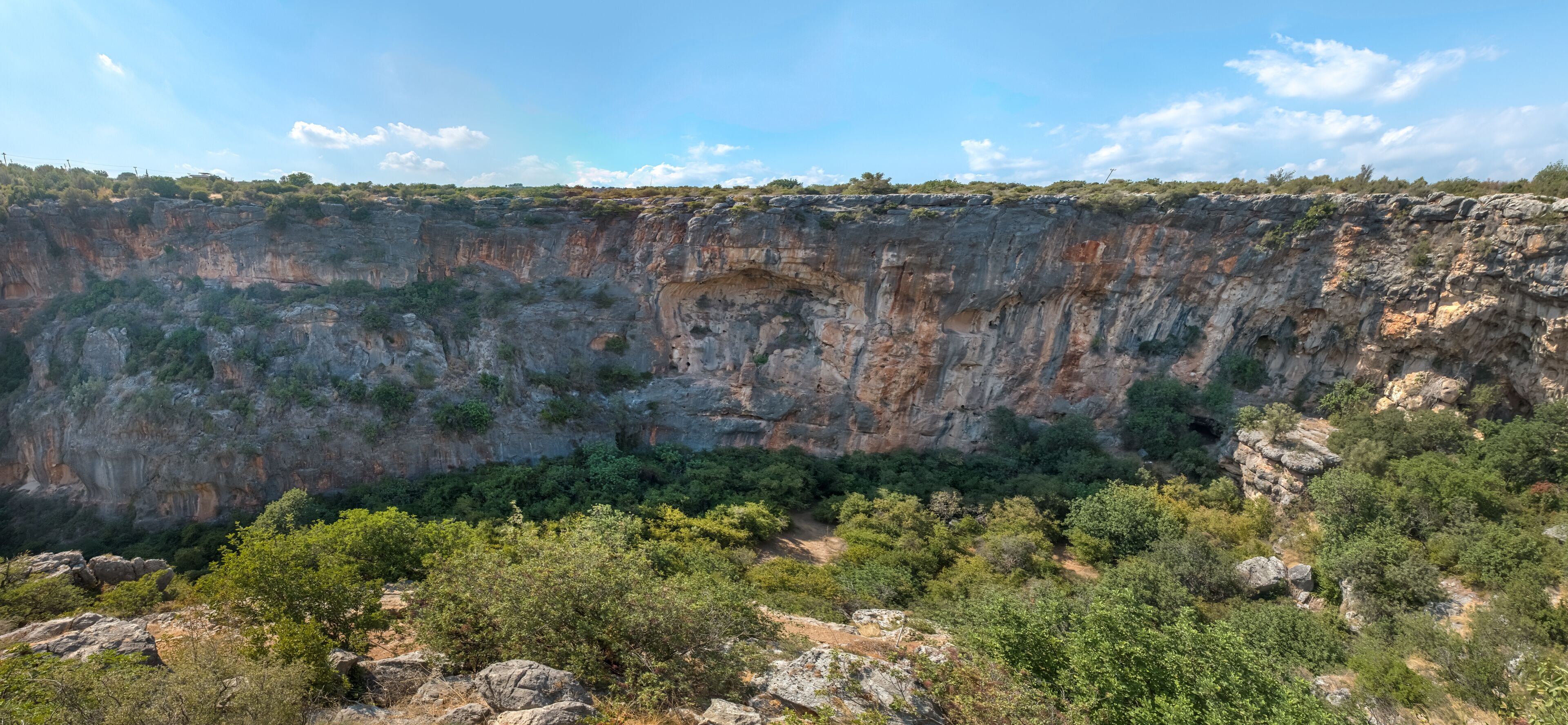 High resolution panoramic Aerial interior view of the Chasm of Heaven located in Silifke district, Mersin Turkey.