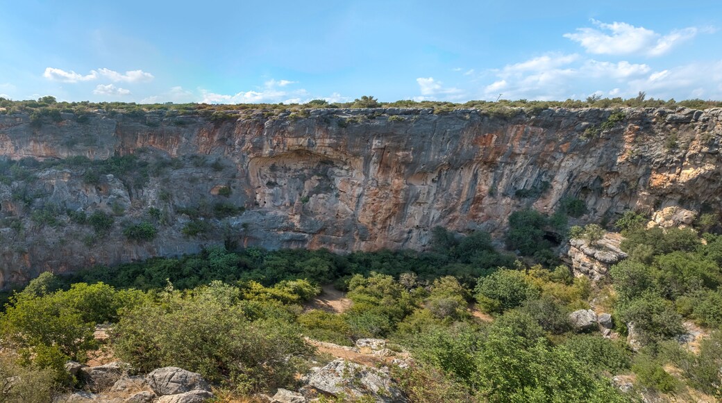 High resolution panoramic Aerial interior view of the Chasm of Heaven located in Silifke district, Mersin Turkey.