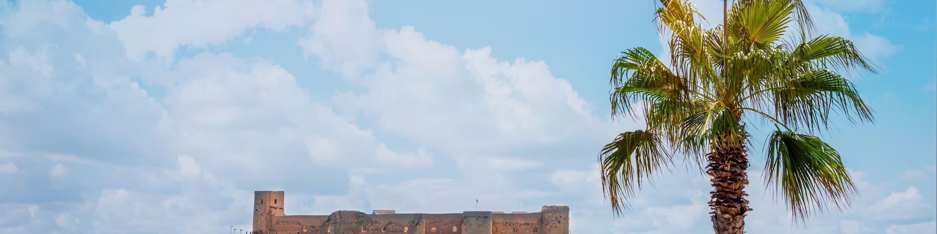 A coastal scene with a historic fort, calm blue sea, and palm trees.