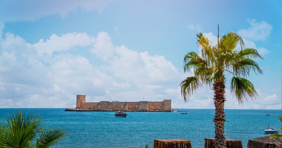 A coastal scene with a historic fort, calm blue sea, and palm trees.