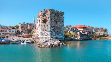 A historic stone tower by a waterfront with boats and buildings in the background.