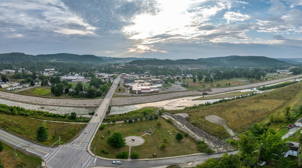 Aerial view of Mansfield University and town in rural Pennsylvania typical small town America in the rust belt with dramatic morning sky