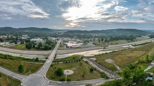 Aerial view of Mansfield University and town in rural Pennsylvania typical small town America in the rust belt with dramatic morning sky