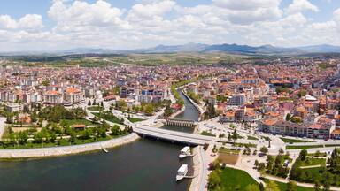 Aerial photo of Turkish town Beysehir with view of Lake and Channel Beysehir.