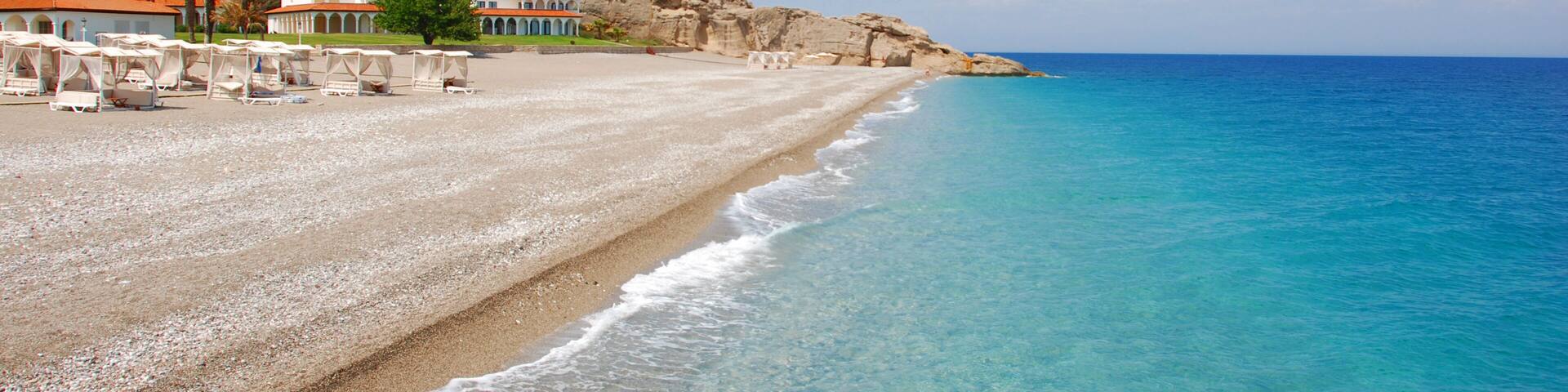 Sandy beach at hotel in Kiris (Kemer), Turkey