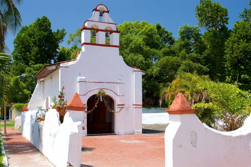 Una iglesia blanca con un campanario, rodeada de exuberante vegetación y un sendero de ladrillo.
