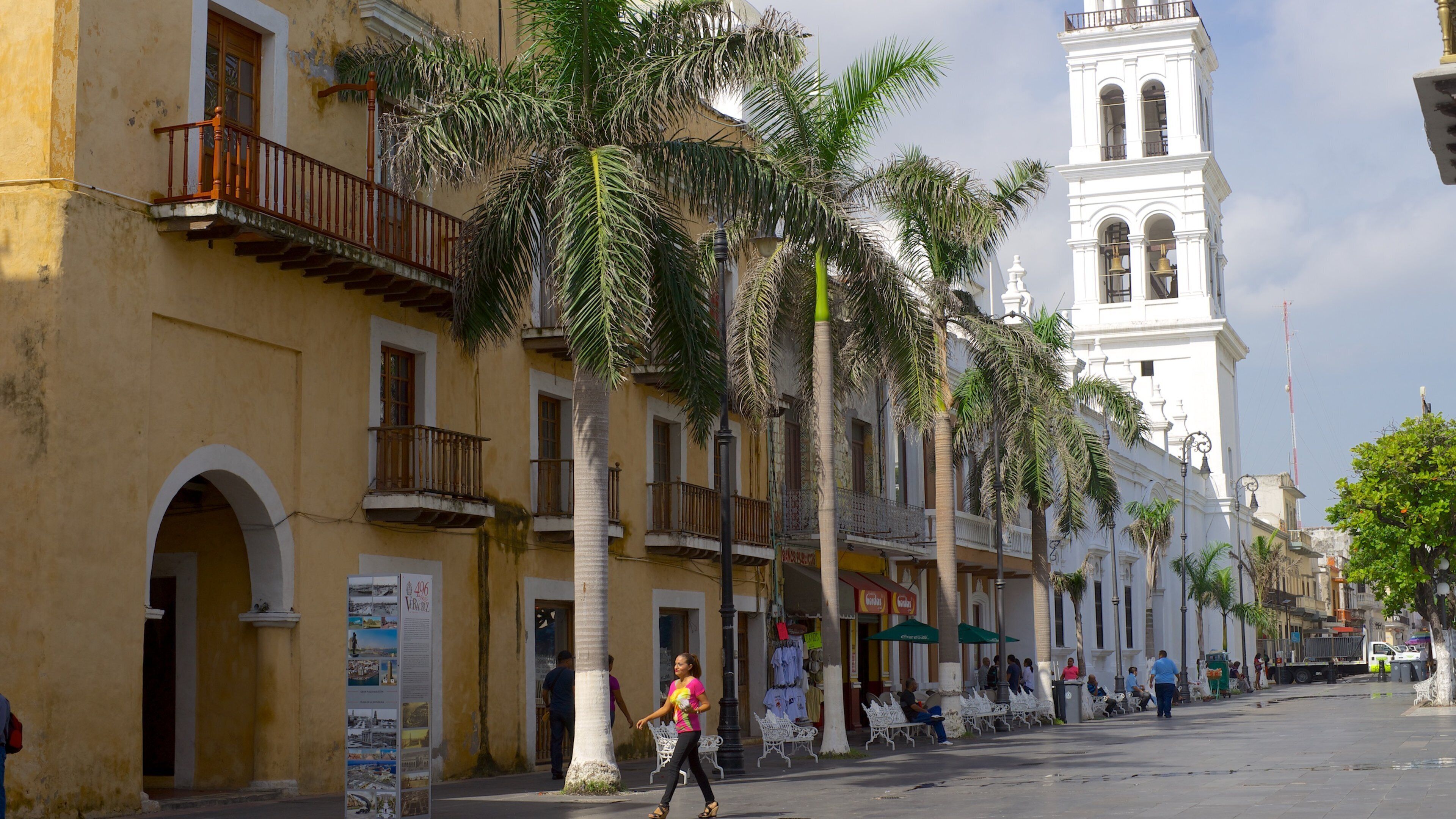 Veracruz Cathedral featuring street scenes and a church or cathedral