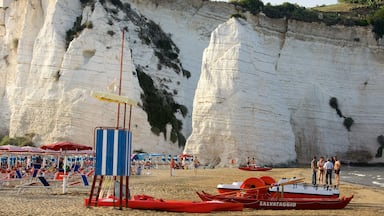 A beach with white cliffs, red lifeboats, and beach umbrellas.