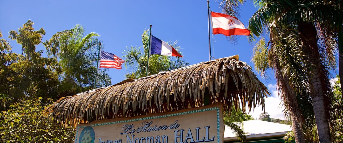 A thatched-roof building with flags, including the American and French flags, and a sign reading "James Norman Hall".