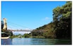 A suspension bridge over a river, surrounded by lush greenery and trees.