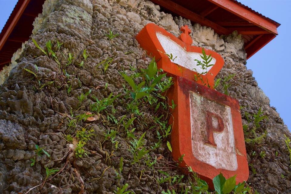 A weathered sign with a cross and a 'P' on a rocky surface.