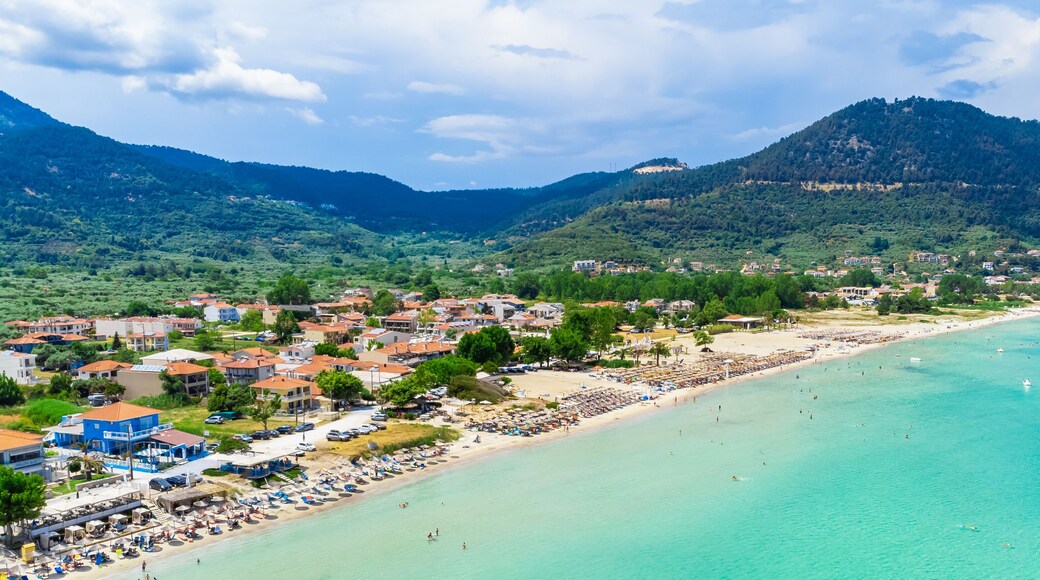 Aerial view of beautiful tropical beach. Golden Beach, Thassos, Greece