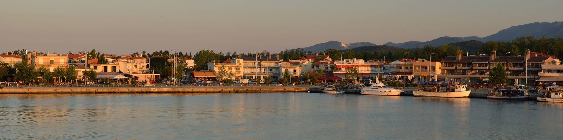 Keramoti, Greece port with boats, promenade view, tavernas, cafe and restaurants