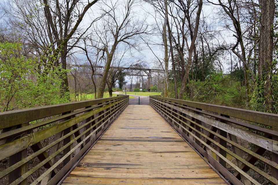 A wooden pedestrian bridge surrounded by trees and greenery.