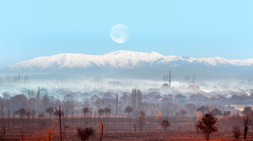 Beautiful morning landscape with Misty town in the central Anatolia region at sunrise - Ankara,Turkey