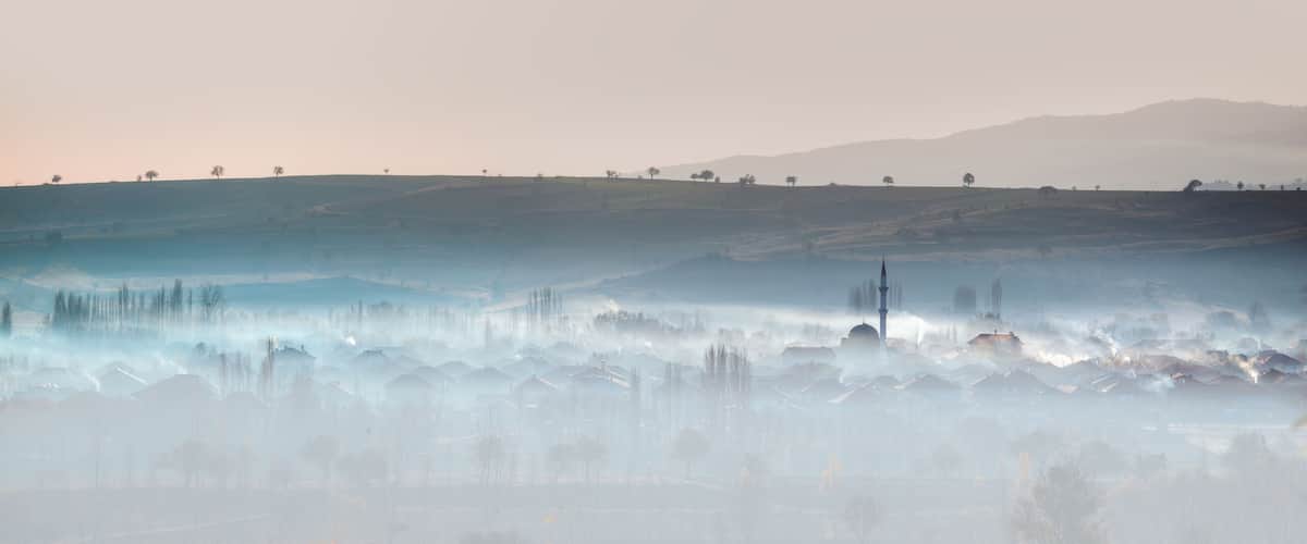Foggy town in the central Anatolia region at sunset - Ankara,Turkey