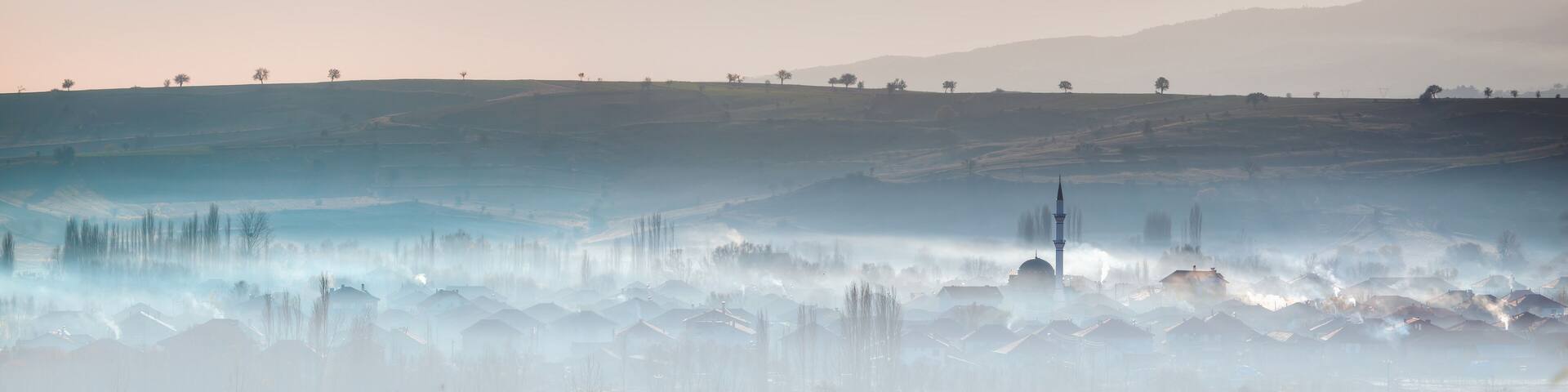 Foggy town in the central Anatolia region at sunset - Ankara,Turkey