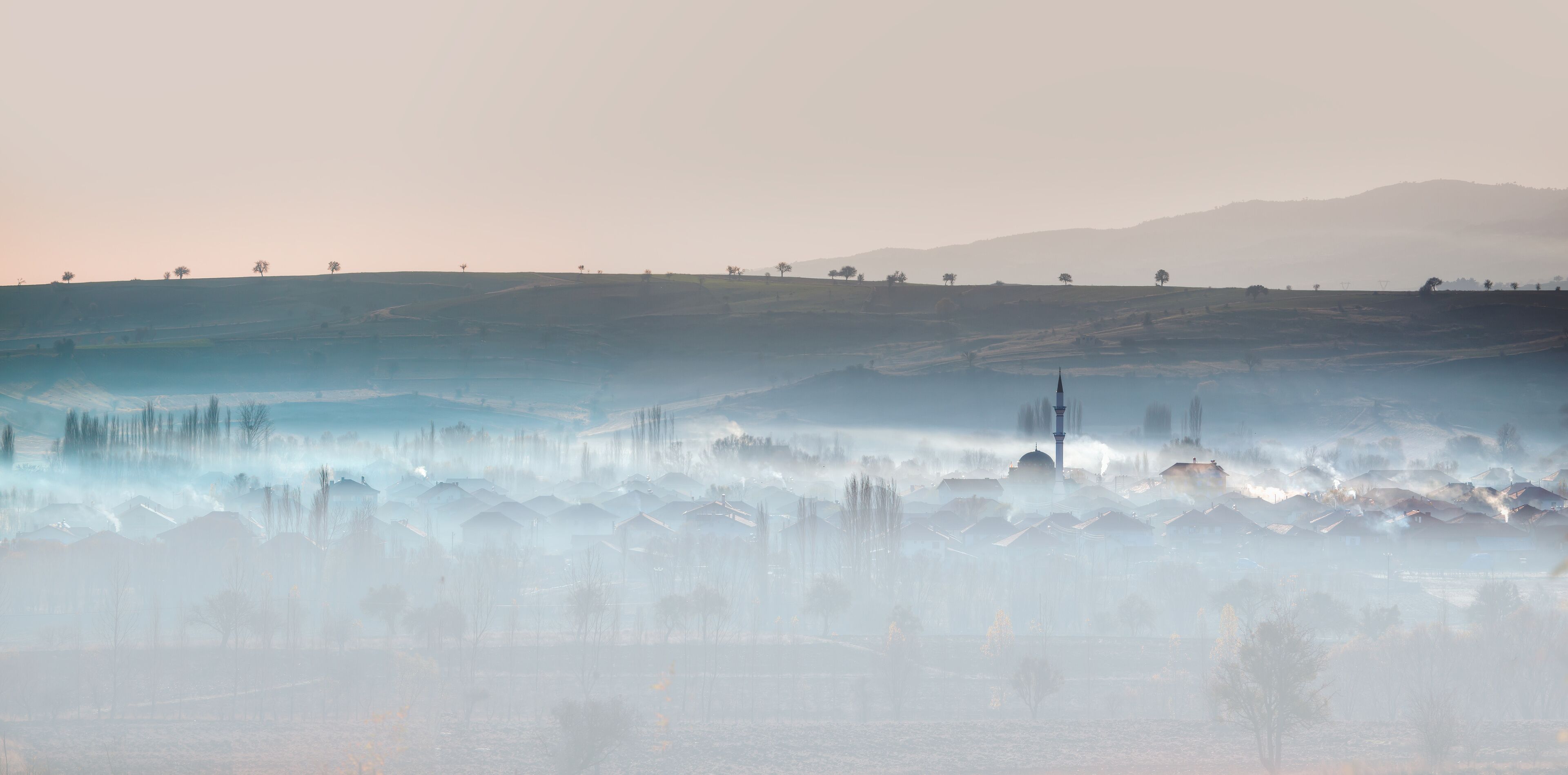 A misty landscape with rolling hills, scattered trees, and a distant building with a tower.