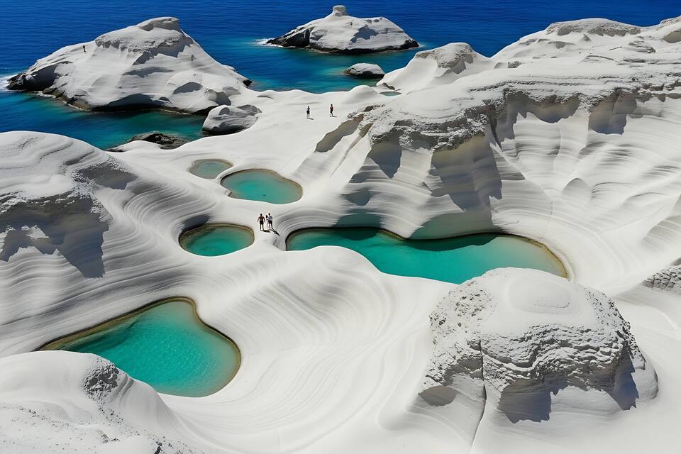 A white sand formation with turquoise pools and a clear blue sky.