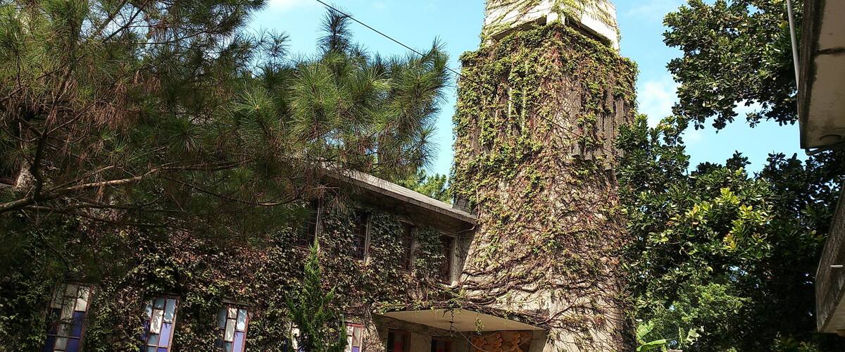 A church with a cross on top, surrounded by trees and greenery.