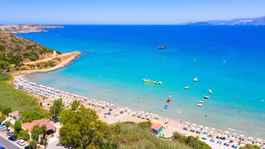 Famous sandy beach of Almyros and the river near Agios Nikolaos, Crete, Greece.
