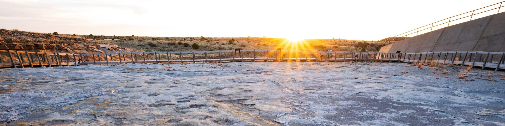 Petrified dinosaur tracks at sunrise at Clayton Lake State Park and Dinosaur Trackways, New Mexico