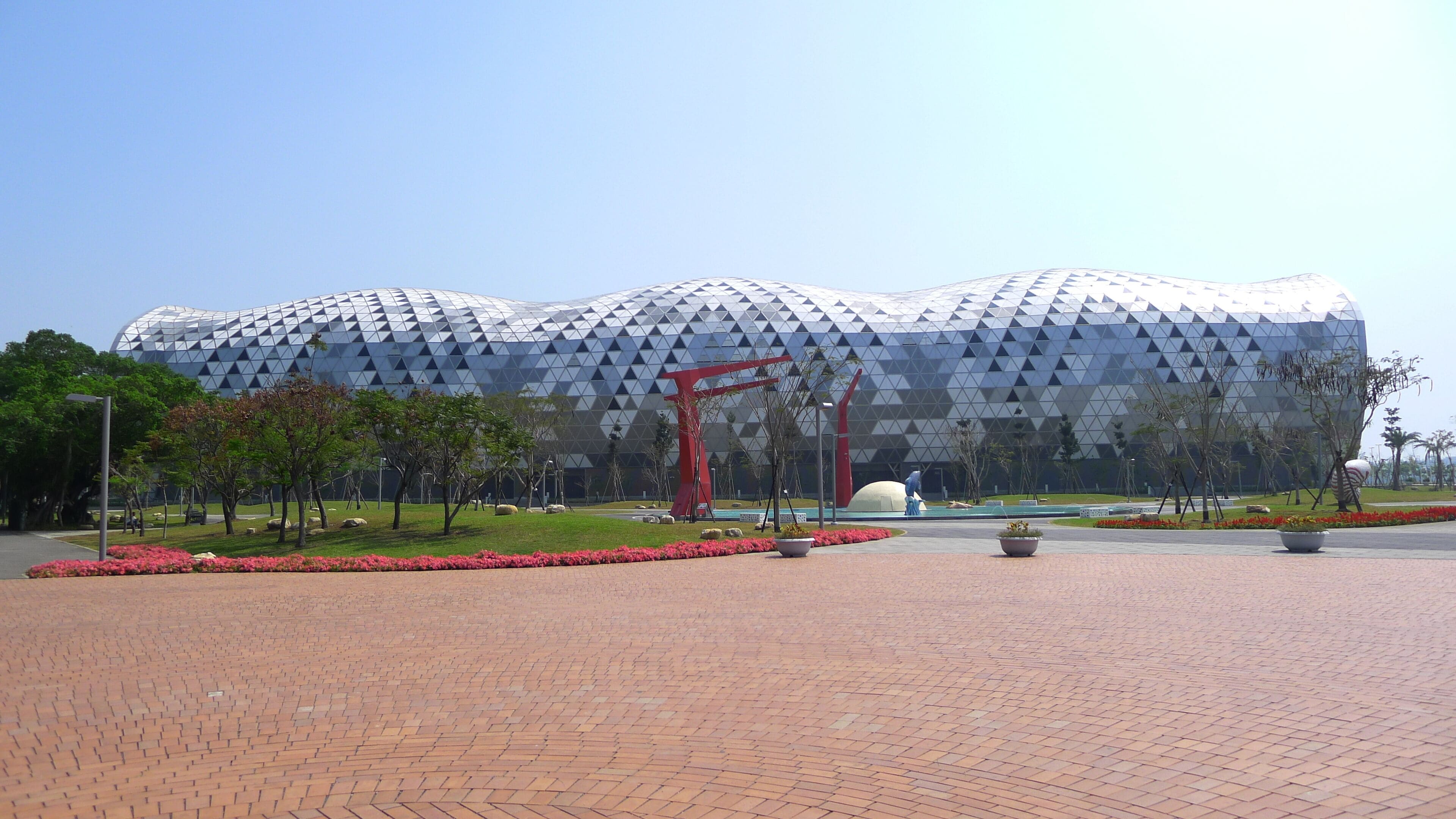 Kaohsiung Exhibition Center viewed from Starlight Waterfront Park in Kaohsiung