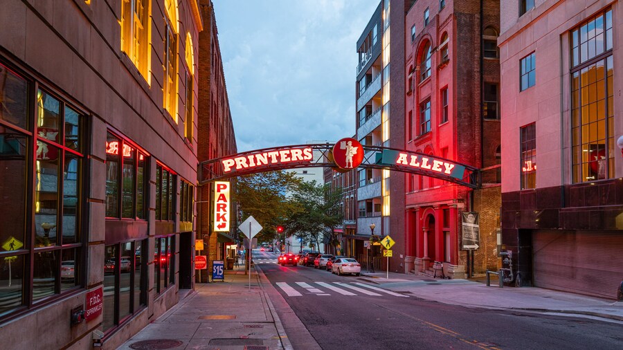 Printer\'s Alley which includes night scenes and signage