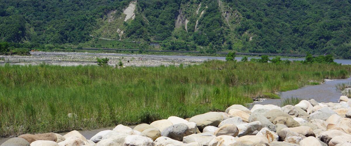 A river with rocks in the foreground, a forested hill in the background, and a clear sky.
