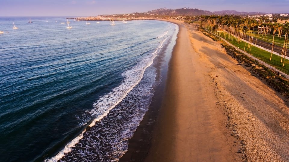 aerial view of East Beach with Stearn's Wharf and the Harbor in the distance, Santa Barbara, California