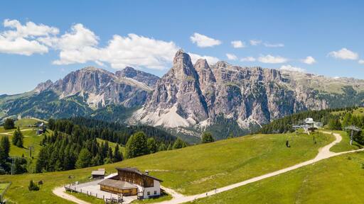 Great landscape on the Dolomites. View on Gardenaccia massif and the Sassongher peak. Alta Badia, Sud Tirol, Italy