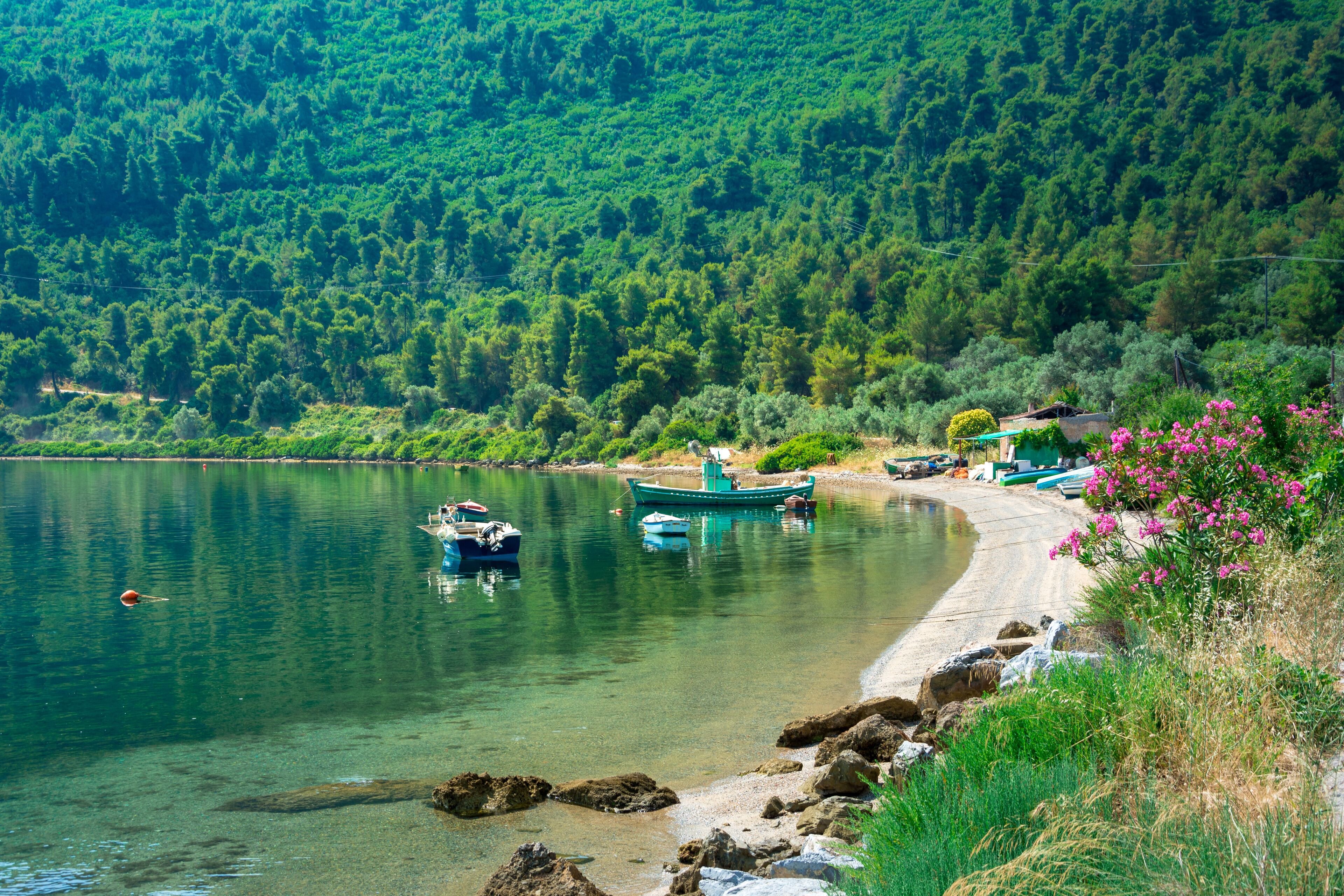 A serene lake with boats, a sandy beach, and lush green hills in the background.