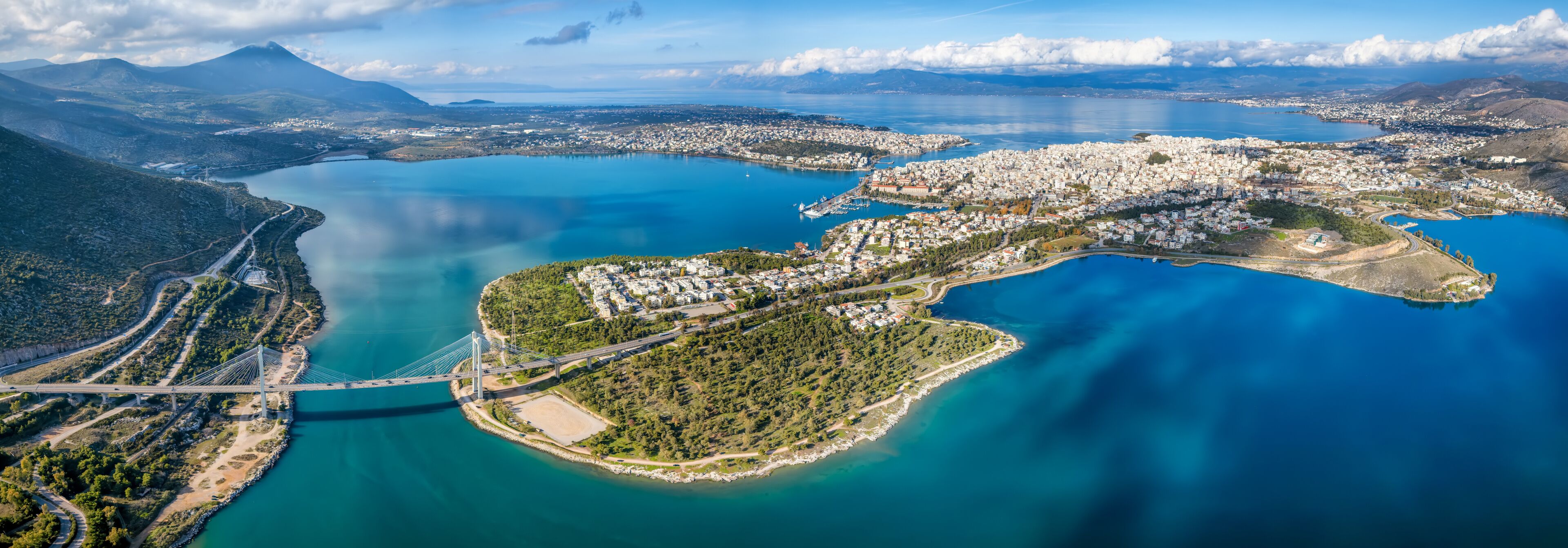 Panoramic aerial view of the new Evripus suspension bridge connecting the mainland and the city of Chalkida, Euboea island, Greece