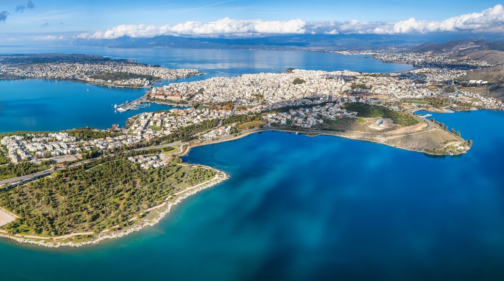 Panoramic aerial view of the new Evripus suspension bridge connecting the mainland and the city of Chalkida, Euboea island, Greece