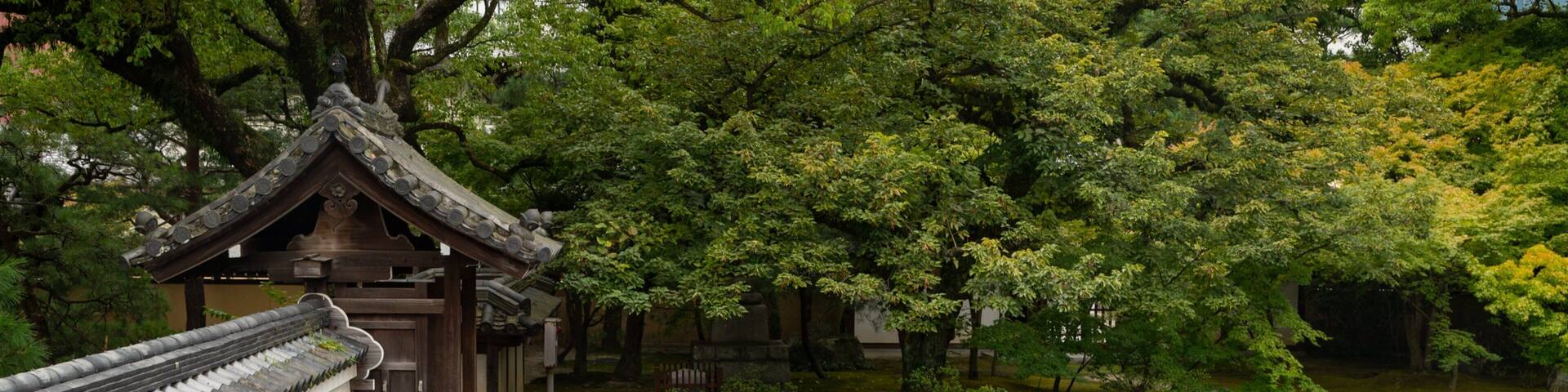 A traditional Japanese temple with a tiled roof, surrounded by lush greenery and a stone lantern.