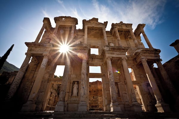 Library of Celcus, Ephesus, Turkey - sun is visible behind the restored facade of this ancient building