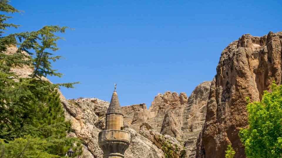 A rocky canyon with a stone tower and lush greenery.