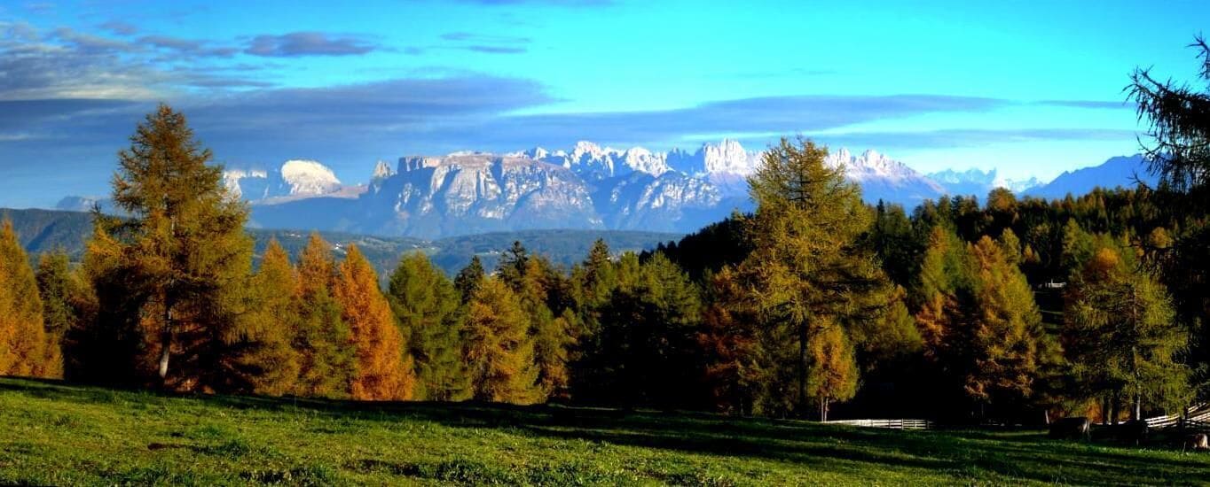 A mountainous landscape with autumn-colored trees and a clear sky.
