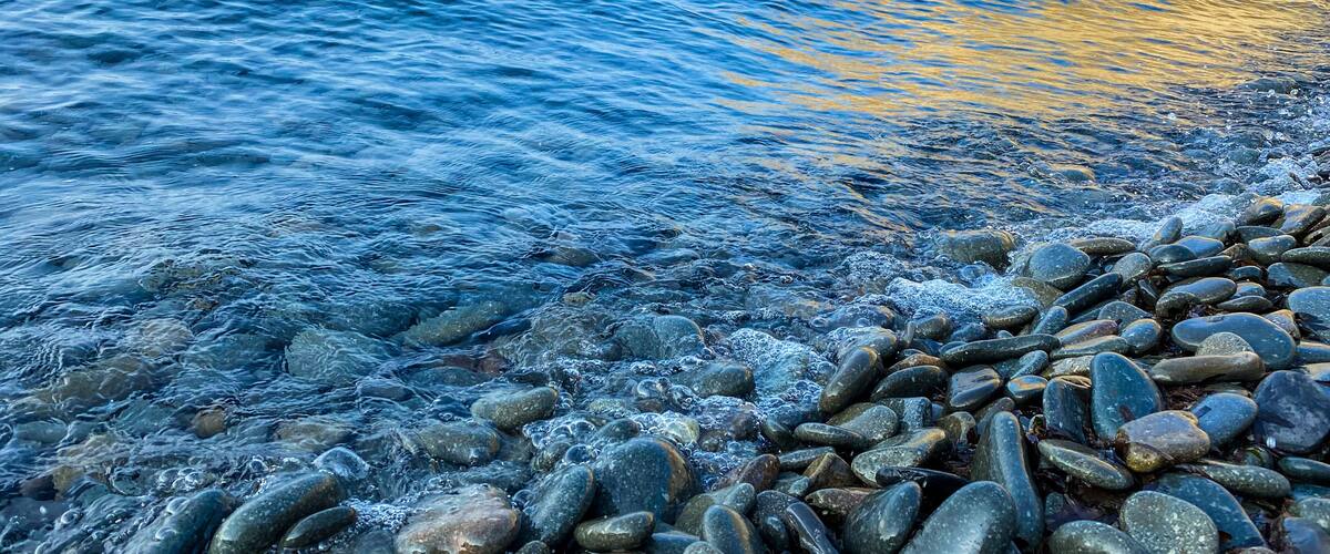 A rocky shoreline with clear water and a golden reflection on the water's surface.
