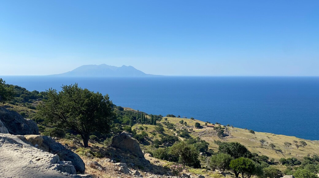 Gokceada (Imbros) coastline seashore view with Samothrace Greek island at background. Tepeköy village, Çınaraltı-Pinarbasi location, Aegean Turkey