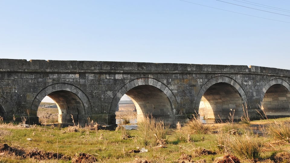 A stone viaduct with multiple arches over a river.