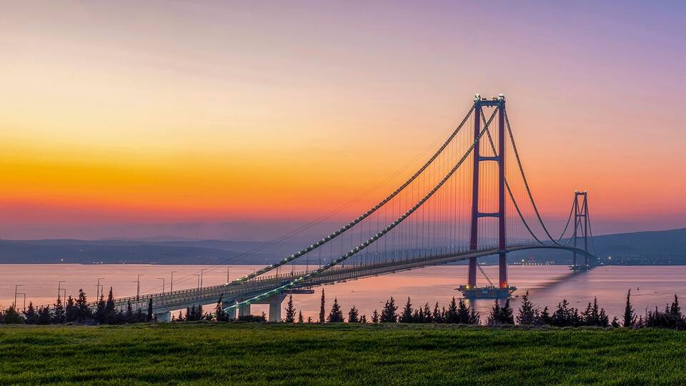 Panaromic 1915 Canakkale Bridge in Canakkale, Turkey. World's longest suspension bridge opened in Turkey. Turkish: 1915 Canakkale Koprusu panoroma. Bridge connect the Lapseki to the Gelibolu.
