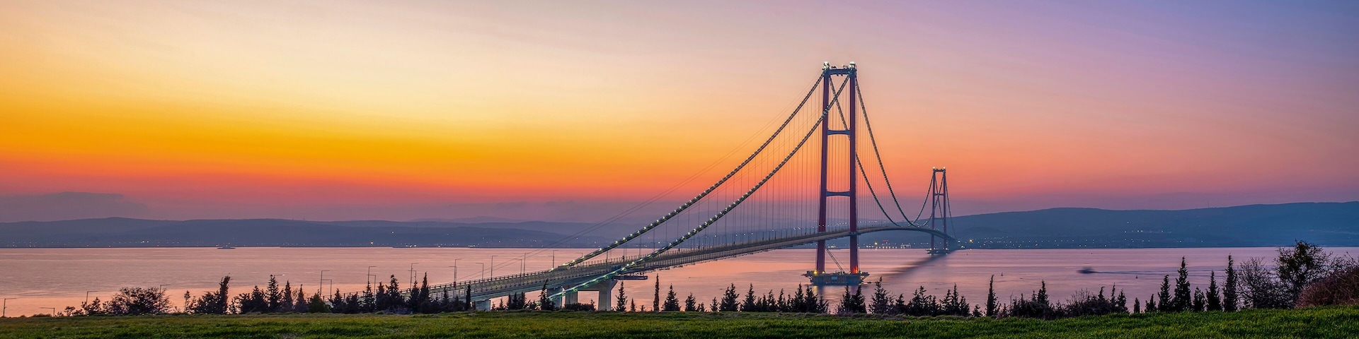 Panaromic 1915 Canakkale Bridge in Canakkale, Turkey. World's longest suspension bridge opened in Turkey. Turkish: 1915 Canakkale Koprusu panoroma. Bridge connect the Lapseki to the Gelibolu.