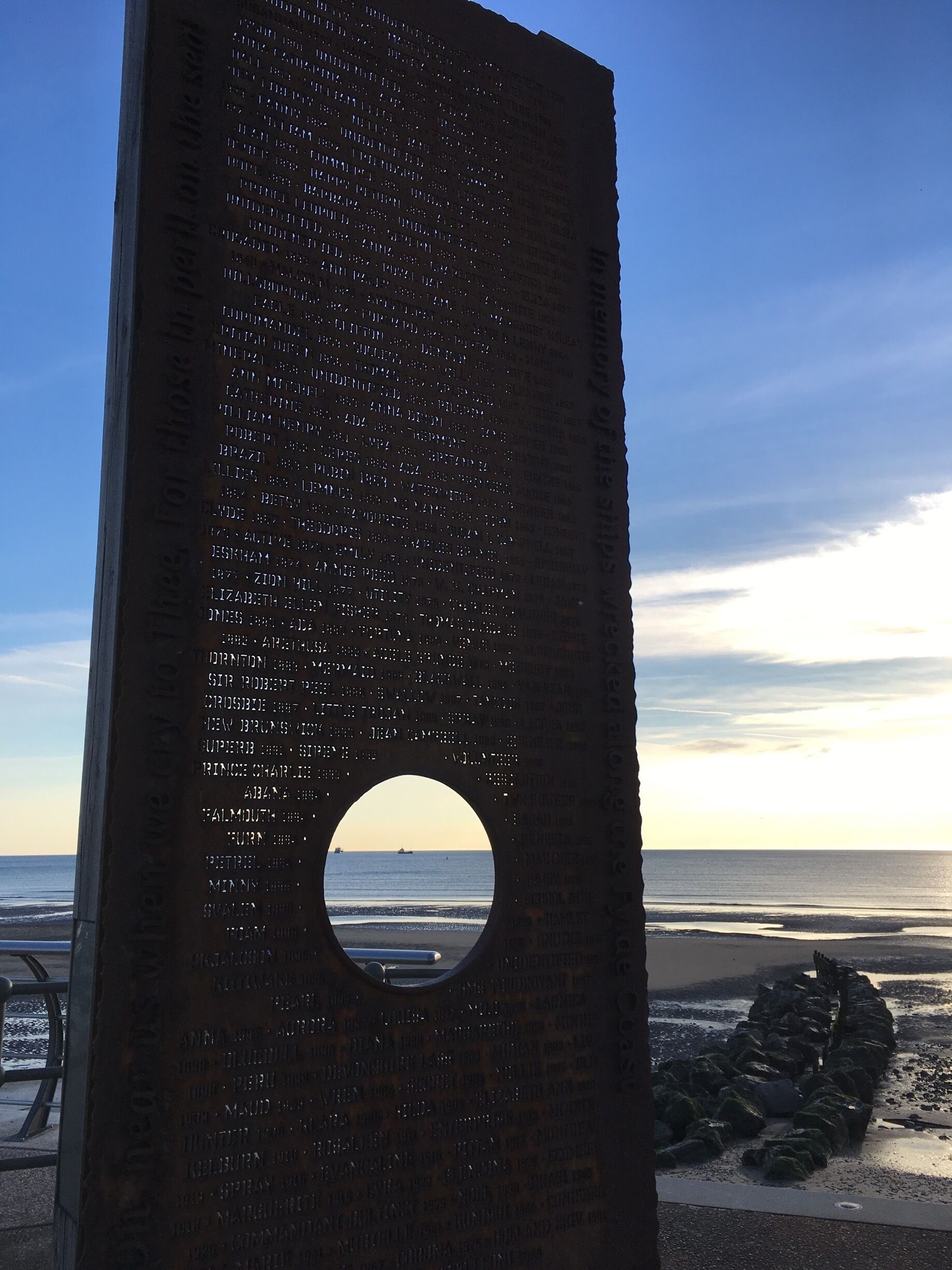 A monument to remember and celebrate the lives of those lost at sea, named on this stunning piece of art on the walkway next to the beach. 